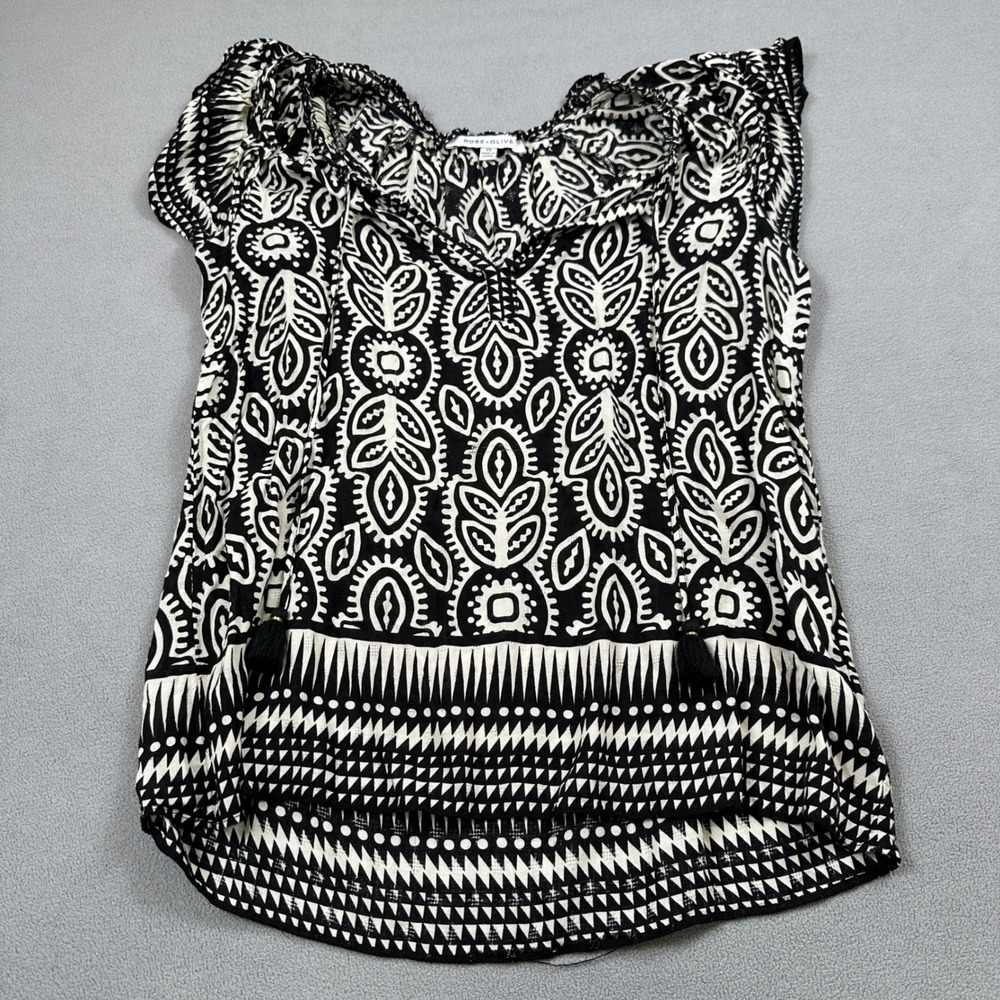 Rose Olive Blouse Top XS Black White Boho Tribal Print Tassel V Neck Rayon